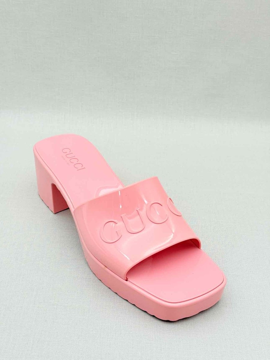 Pre - loved GUCCI Pink Embossed Size EU 38 Heeled Sandals at Reems Closet