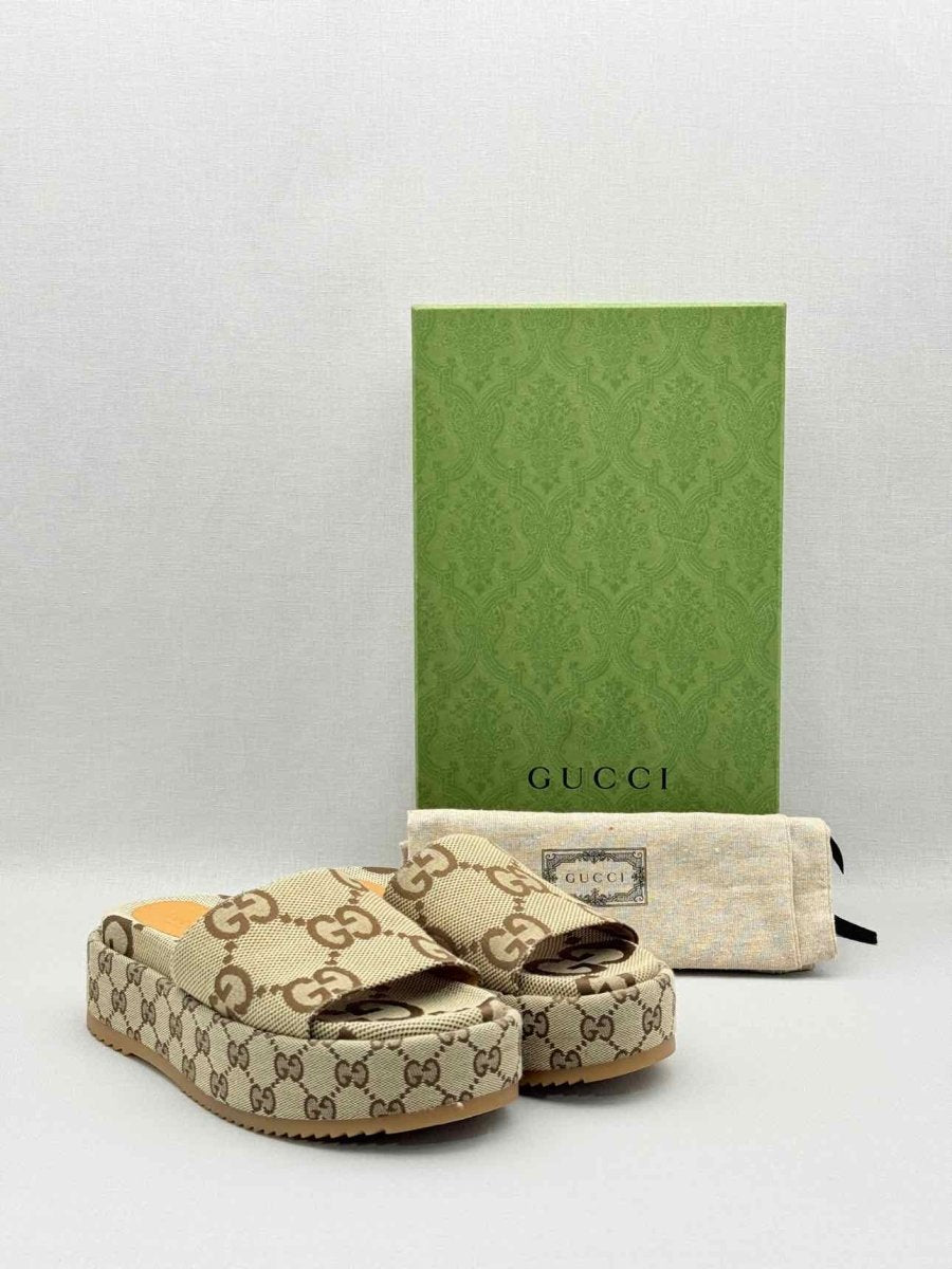 Pre-loved GUCCI Platform Beige & Brown Maxi GG Size EU 38 Slides at Reems Closet