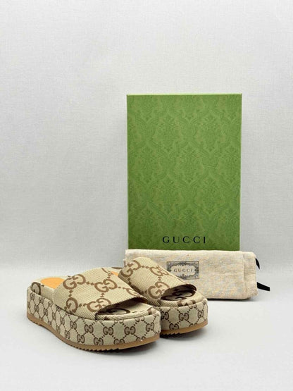 Pre-loved GUCCI Platform Beige & Brown Maxi GG Size EU 38 Slides at Reems Closet