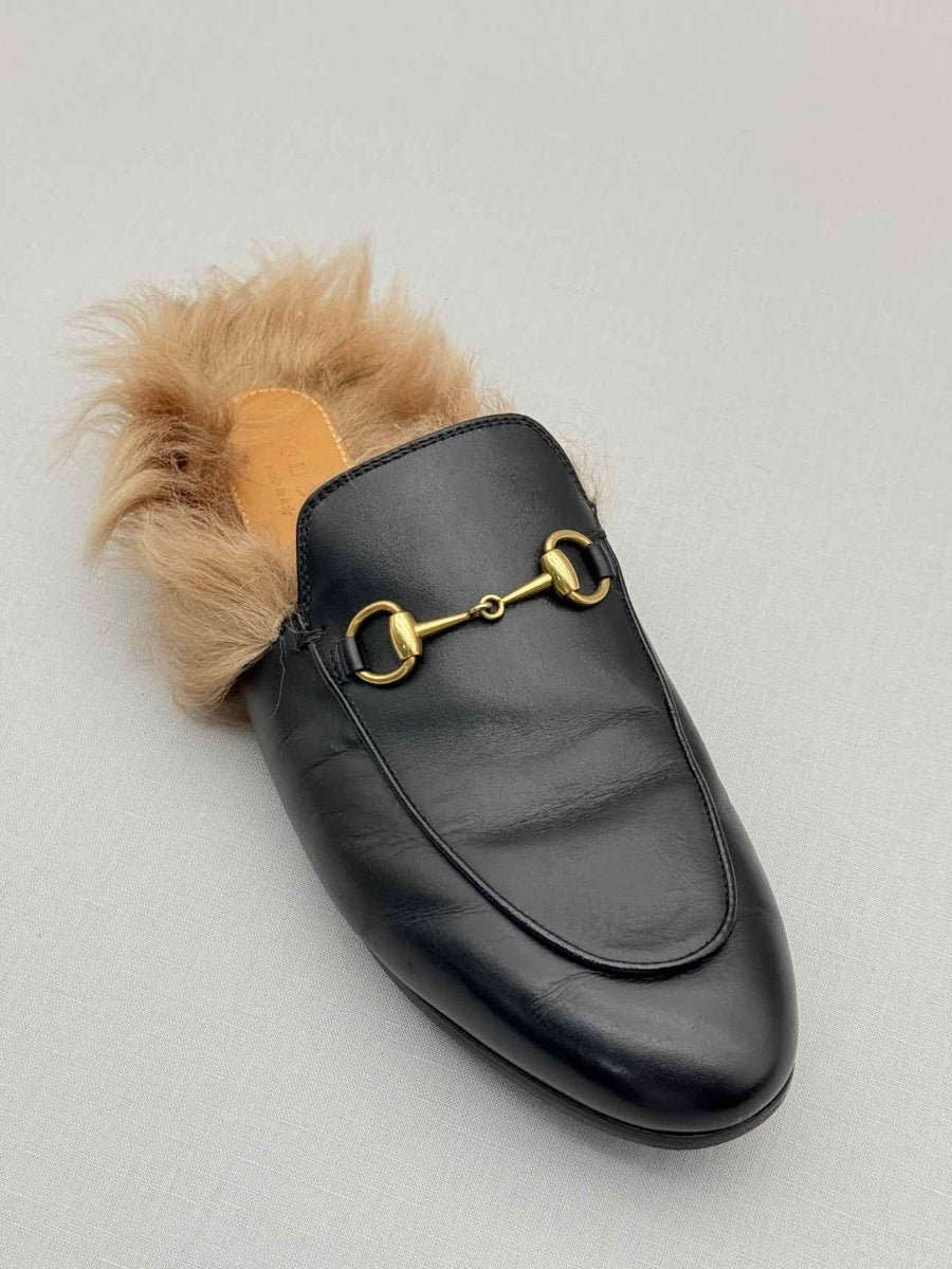 Pre - loved GUCCI Princetown Black & Beige Size EU 38.5 Mules at Reems Closet
