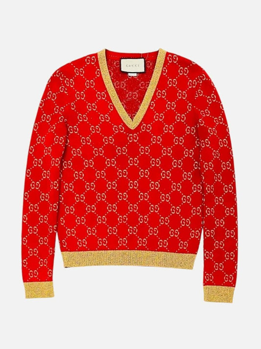 Pre - loved GUCCI Red & Gold GG Jacquard Knit Jumper at Reems Closet