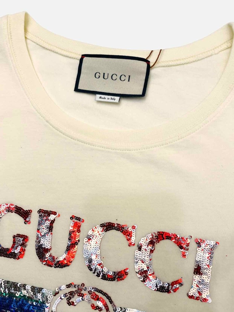 Pre - loved GUCCI Sequin Cream Multicolor Logo T-shirt at Reems Closet