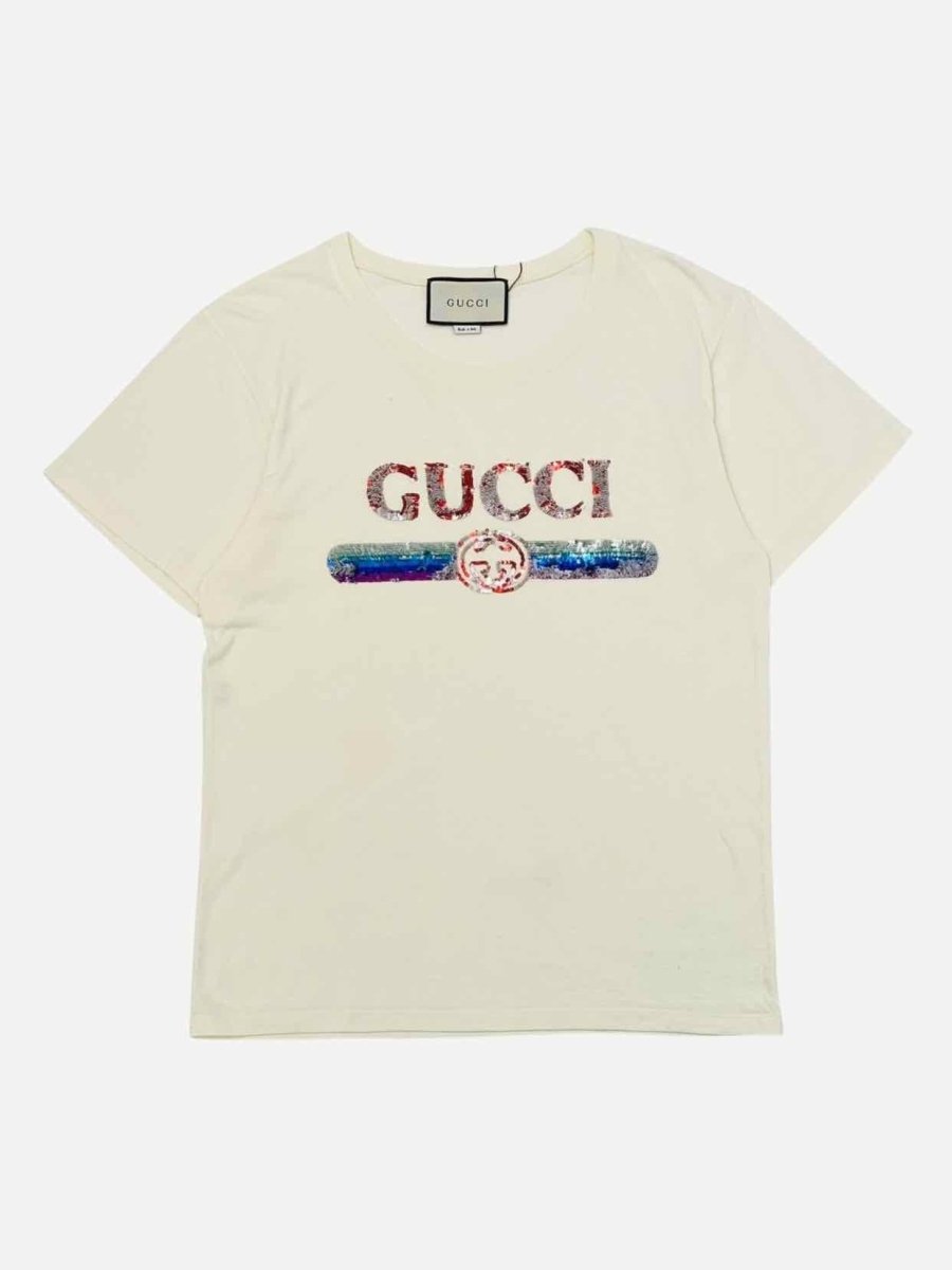 Pre - loved GUCCI Sequin Cream Multicolor Logo T-shirt at Reems Closet