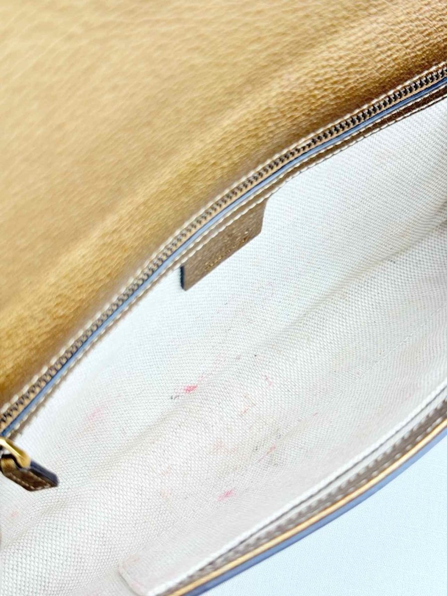 Pre - loved GUCCI Soho Disco Metallic Gold Clutch at Reems Closet