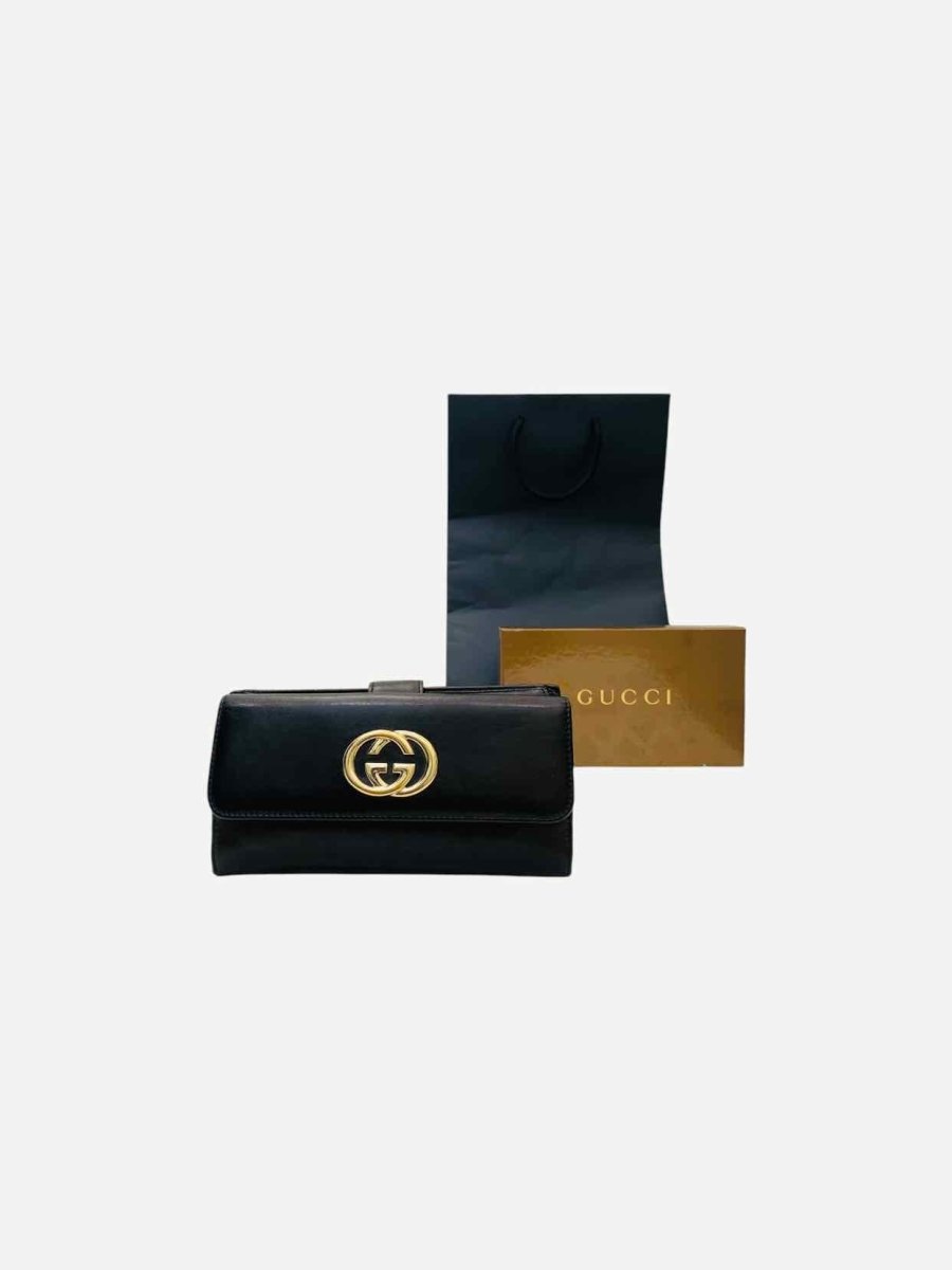 Pre - loved GUCCI Vintage Black Double GG Continental Wallet at Reems Closet