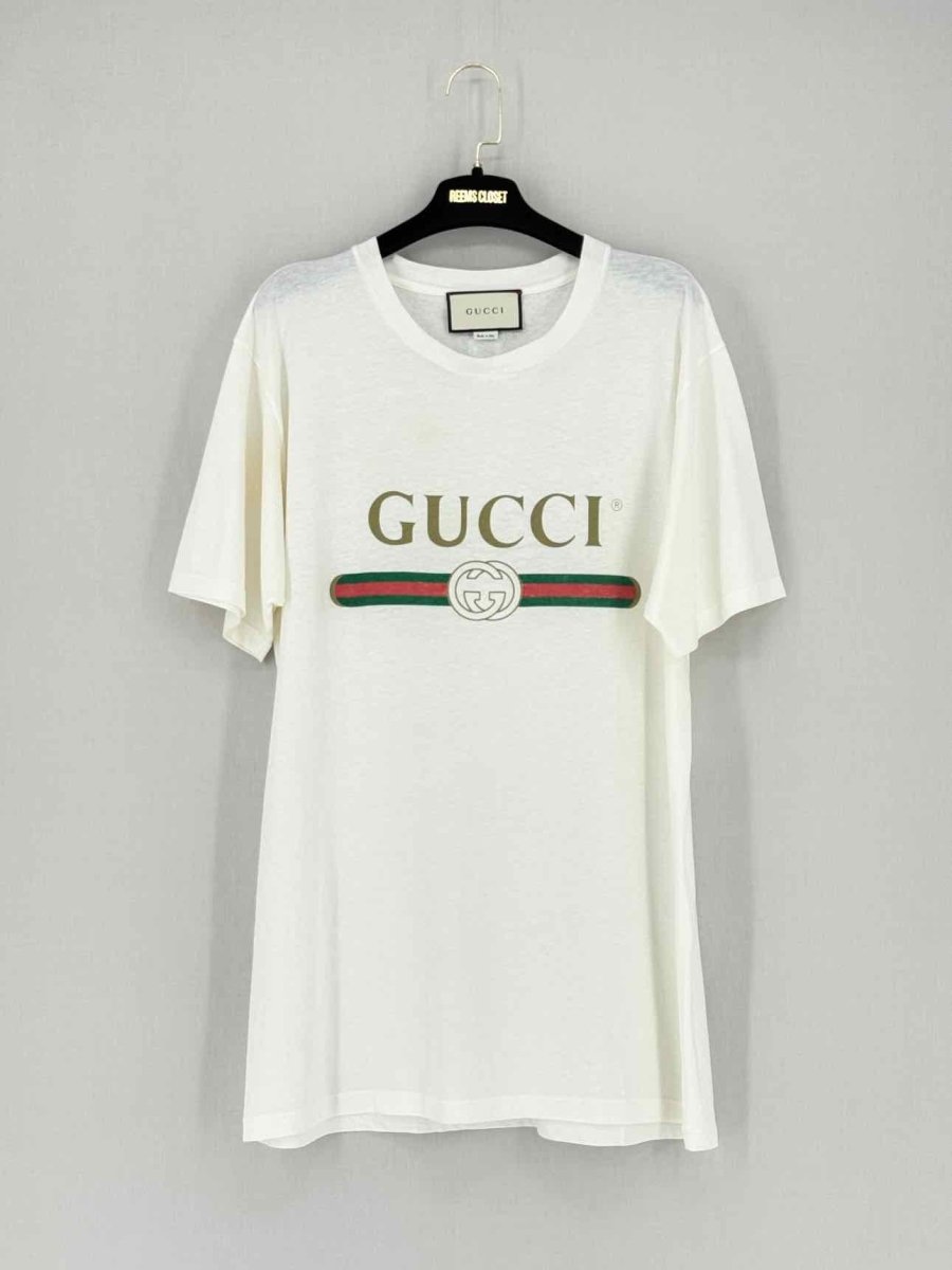 Pre - loved GUCCI White Logo Print Size Small Top at Reems Closet