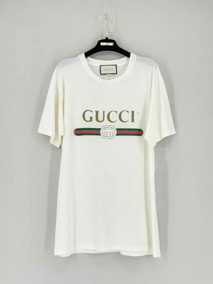 Pre - loved GUCCI White Logo Print Size Small Top at Reems Closet