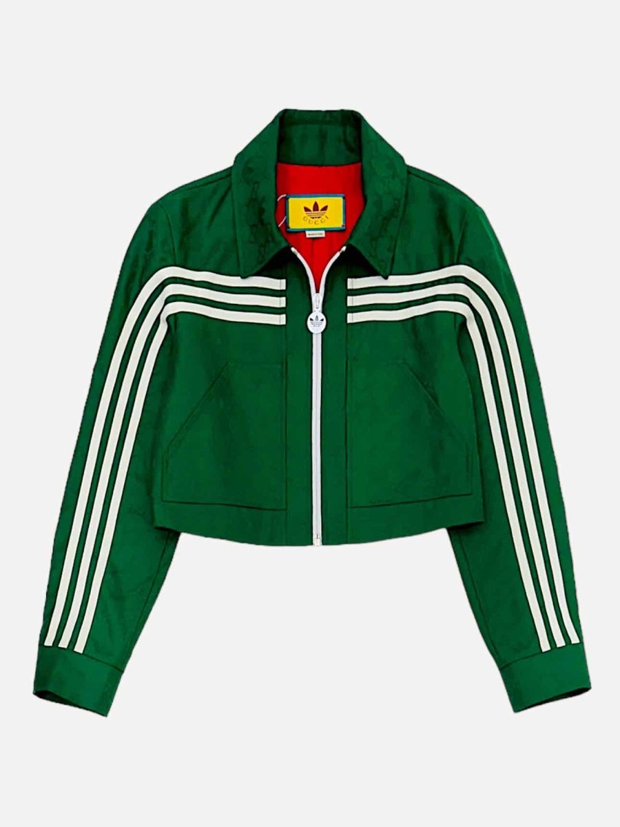 Pre - loved GUCCI x ADIDAS GG Trefoil Green Jacquard Jacket at Reems Closet