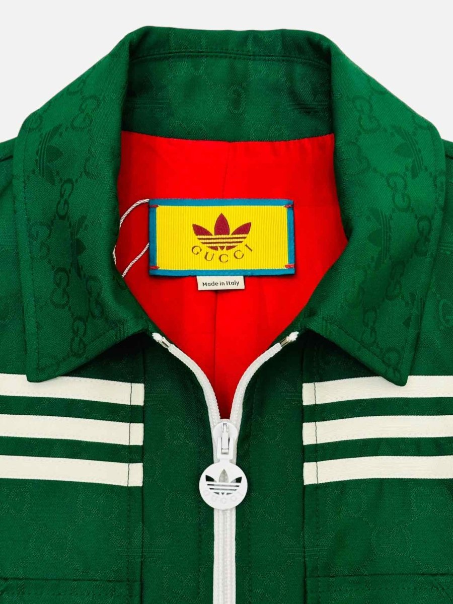 Pre - loved GUCCI x ADIDAS GG Trefoil Green Jacquard Jacket at Reems Closet