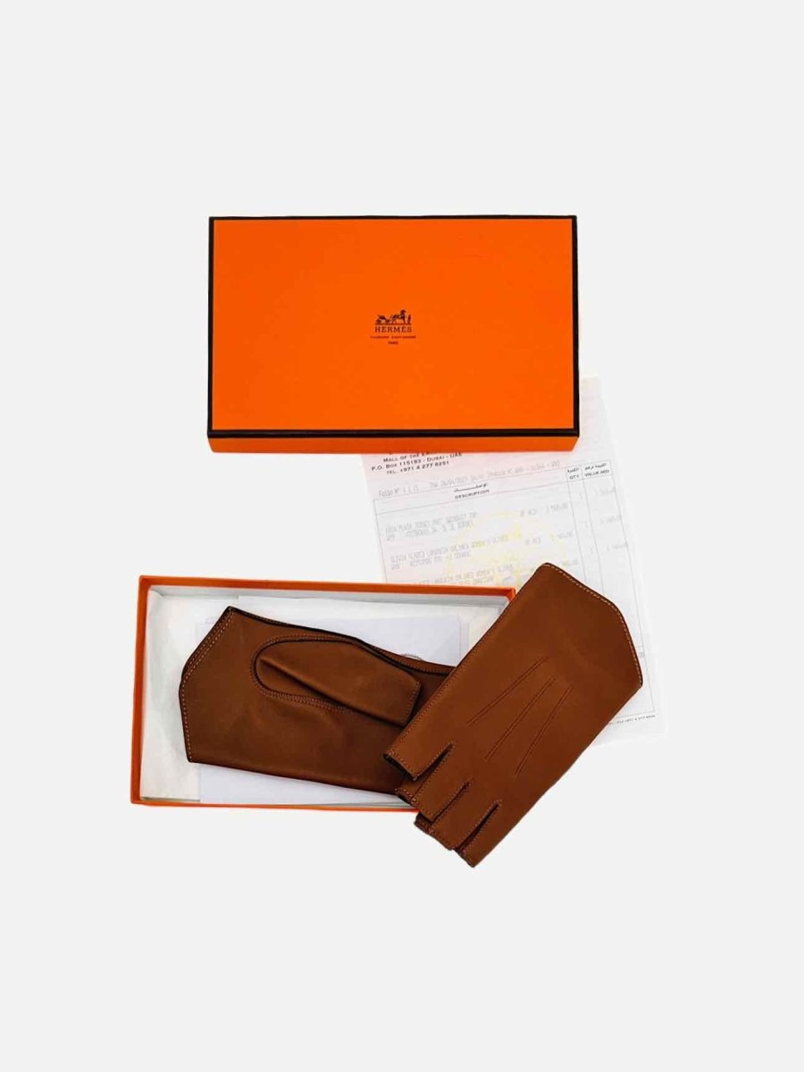 Pre - loved HERMES Fingerless Brown Gloves at Reems Closet