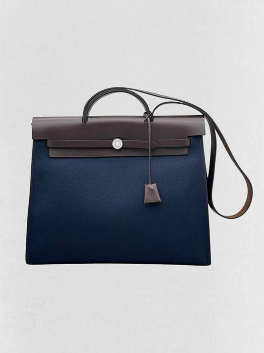 Pre - loved HERMES Herbag Brown & Navy Blue Top Handle at Reems Closet