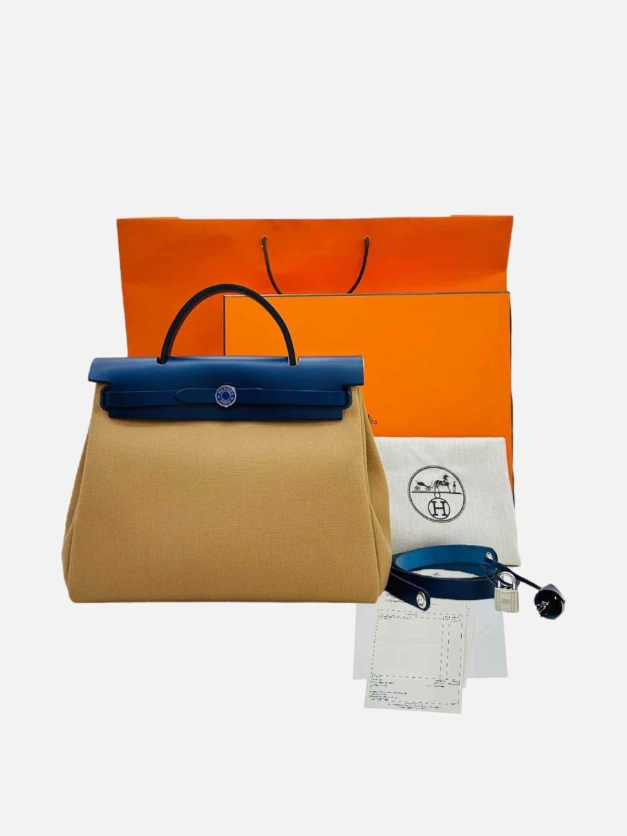 Pre - loved HERMES Herbag Zip 31 Beige & Blue Top Handle at Reems Closet