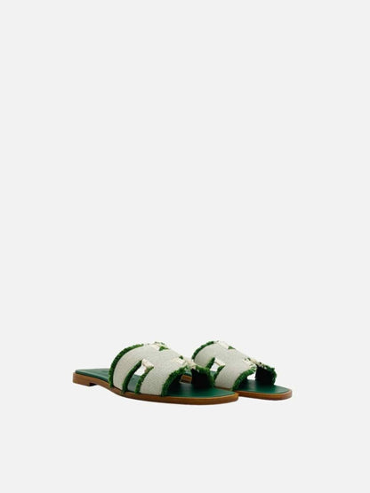 Pre-loved HERMES ORAN Green & White Fringe Sandals from Reems Closet