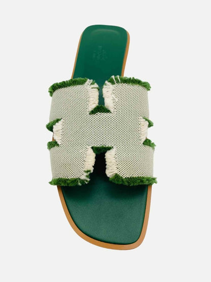 Pre-loved HERMES ORAN Green & White Fringe Sandals from Reems Closet