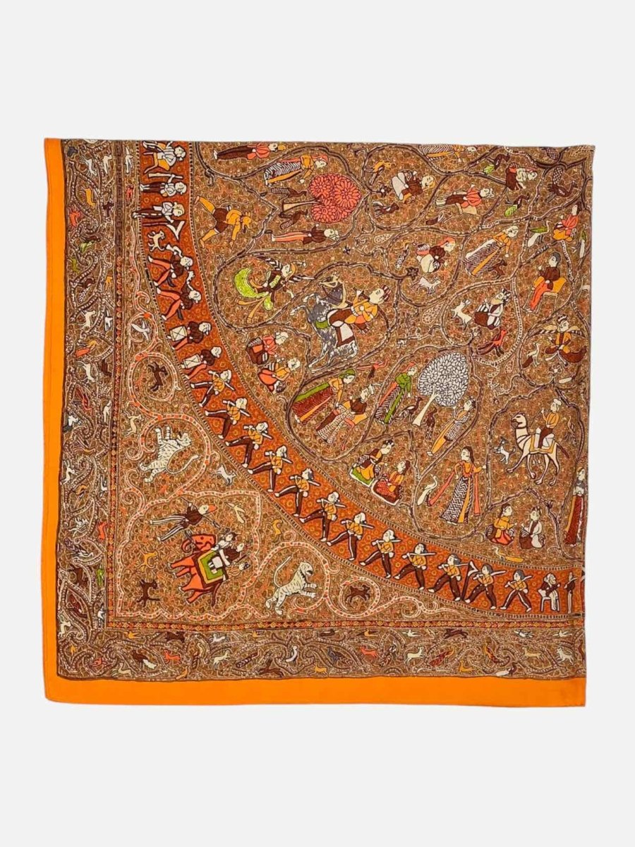 Pre - loved HERMES Scarf Brown & Orange Printed Scarf at Reems Closet