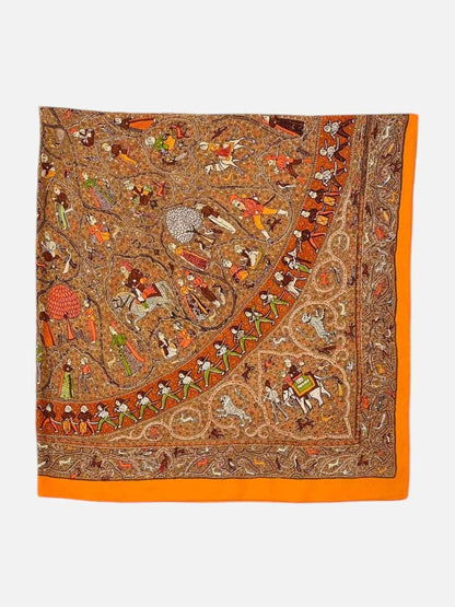 Pre - loved HERMES Scarf Brown & Orange Printed Scarf at Reems Closet