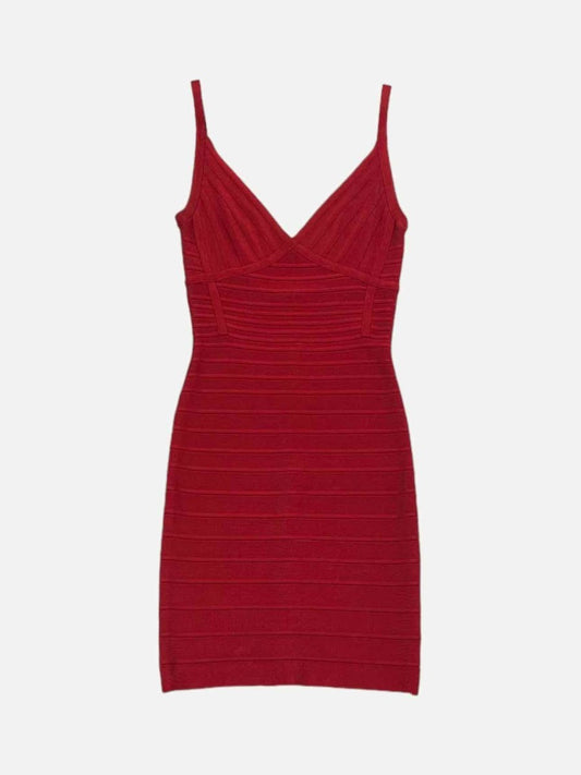 Pre - loved HERVE LEGER Bodycon Red Knee Length Dress Small at Reems Closet