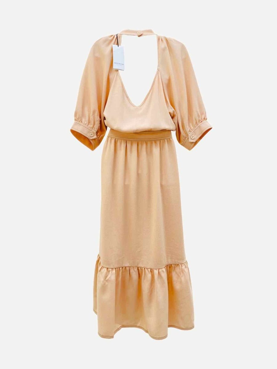 Pre - loved HOFMANN Puff Sleeve Beige Midi Dress at Reems Closet