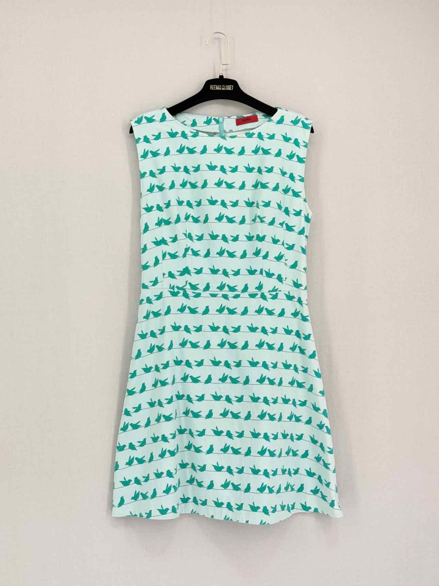 Pre-loved HUGO White & Green Printed Size Small Knee Length Dress at Reems Closet