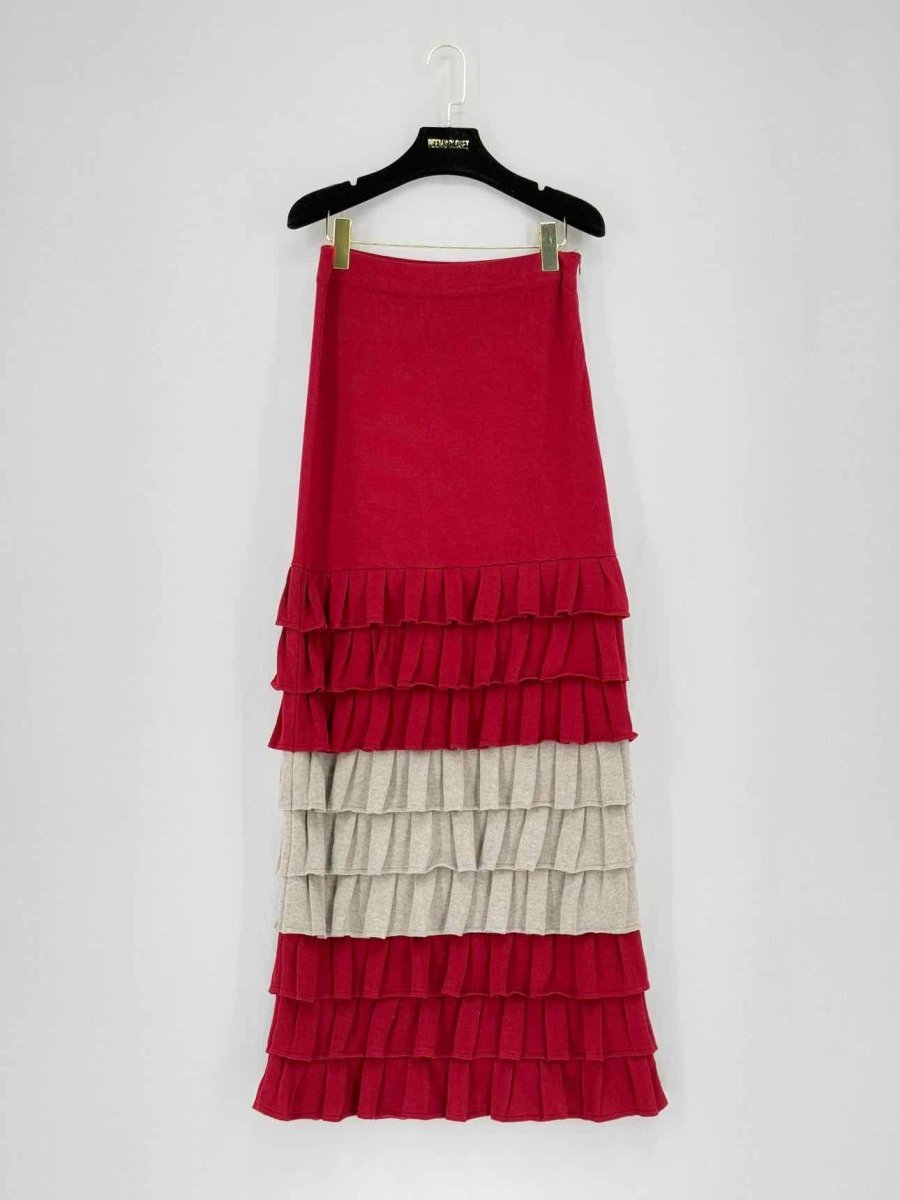 Pre - loved IZAAK AZANEI Red & Beige Frilled Size Small Long Skirt at Reems Closet