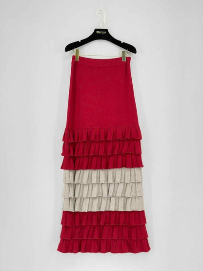 Pre - loved IZAAK AZANEI Red & Beige Frilled Size Small Long Skirt at Reems Closet