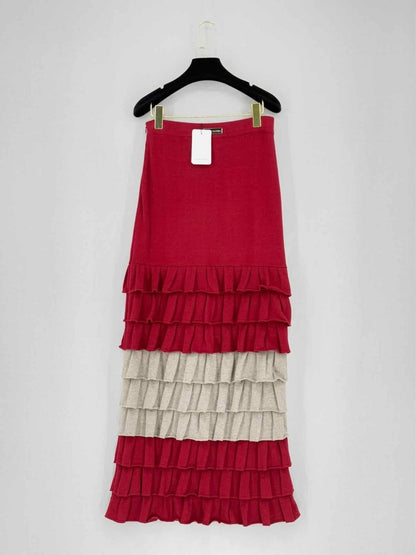 Pre - loved IZAAK AZANEI Red & Beige Frilled Size Small Long Skirt at Reems Closet