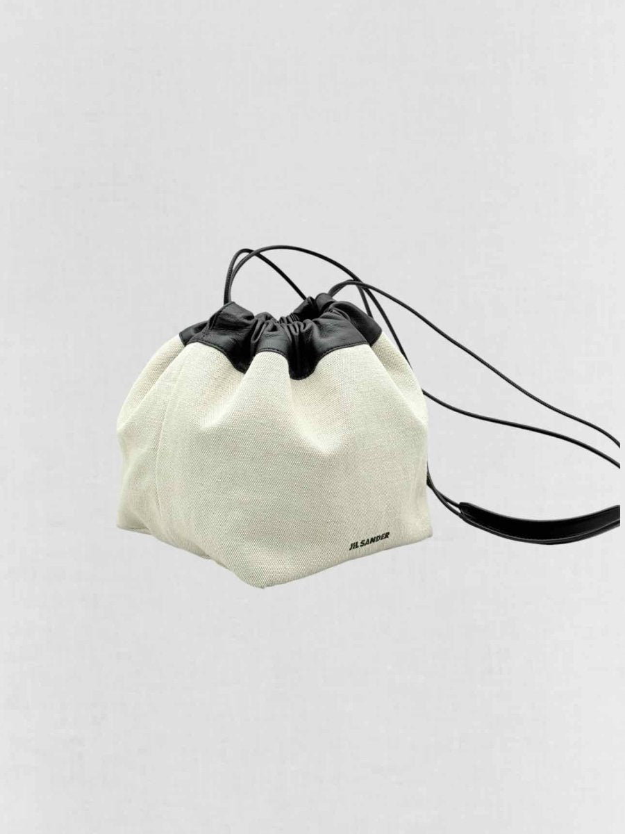 Pre - loved JIL SANDER Drawstring Beige & Black Bucket Bag at Reems Closet