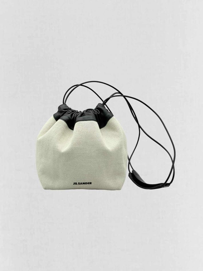 Pre - loved JIL SANDER Drawstring Beige & Black Bucket Bag at Reems Closet