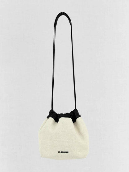 Pre - loved JIL SANDER Drawstring Beige & Black Bucket Bag at Reems Closet