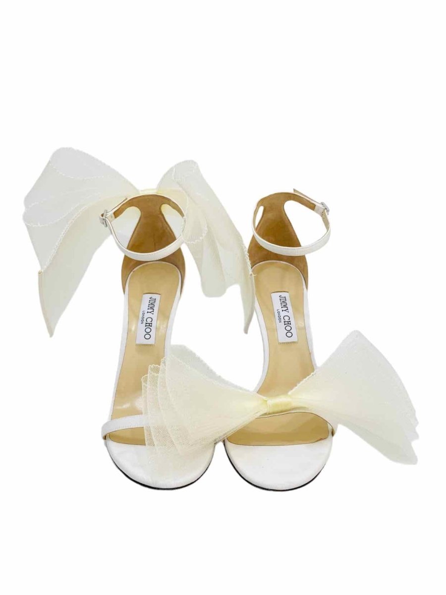 Pre - loved JIMMY CHOO Aveline 100 White Mesh Bow Heeled Sandals from Reems Closet