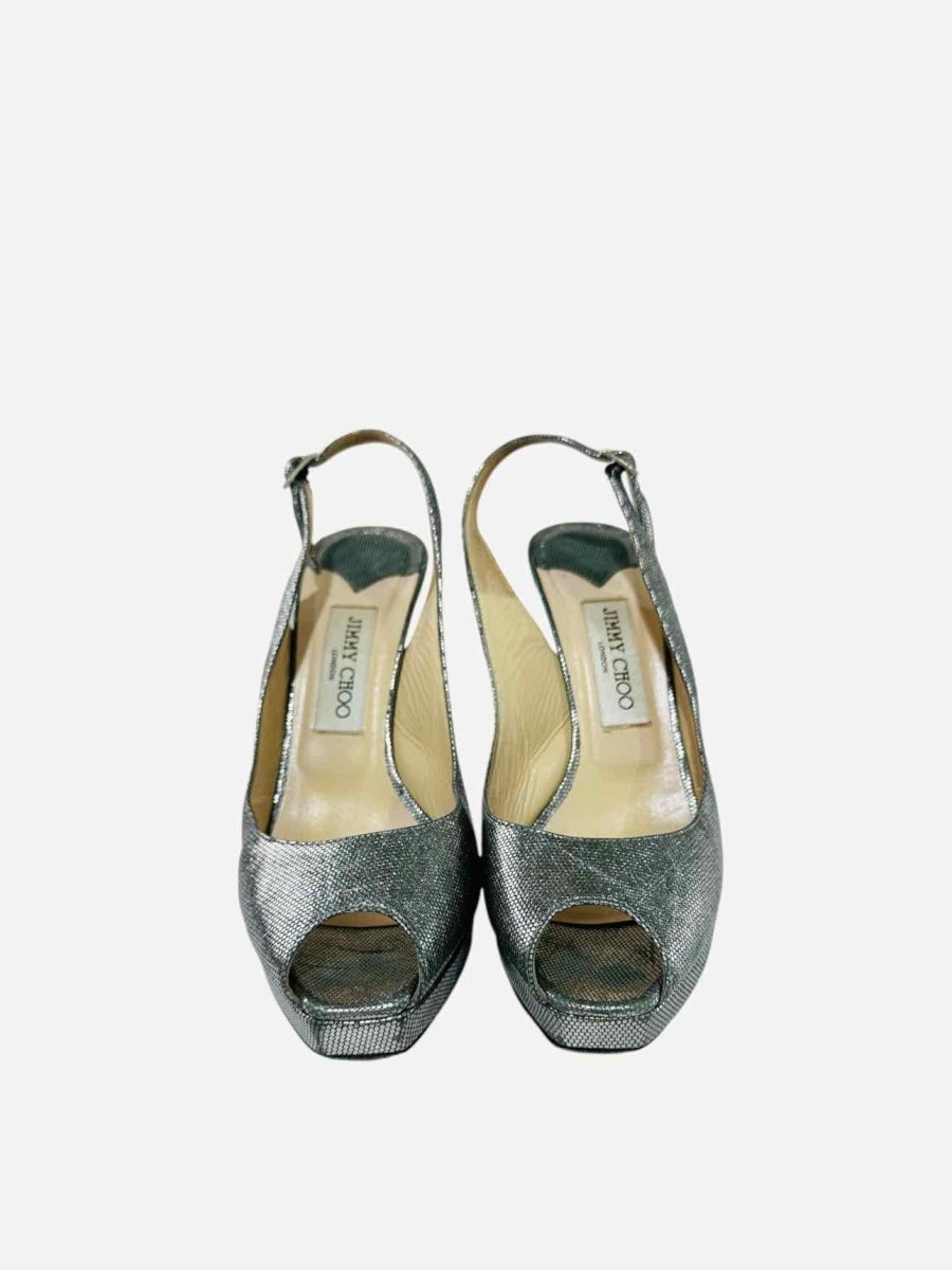 Pre - loved JIMMY CHOO Coarse Glitter Silver Slingbacks at Reems Closet