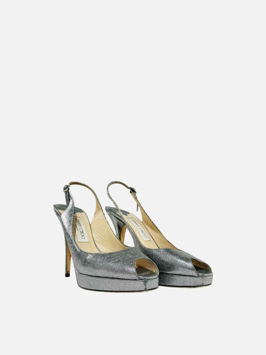 Pre - loved JIMMY CHOO Coarse Glitter Silver Slingbacks at Reems Closet