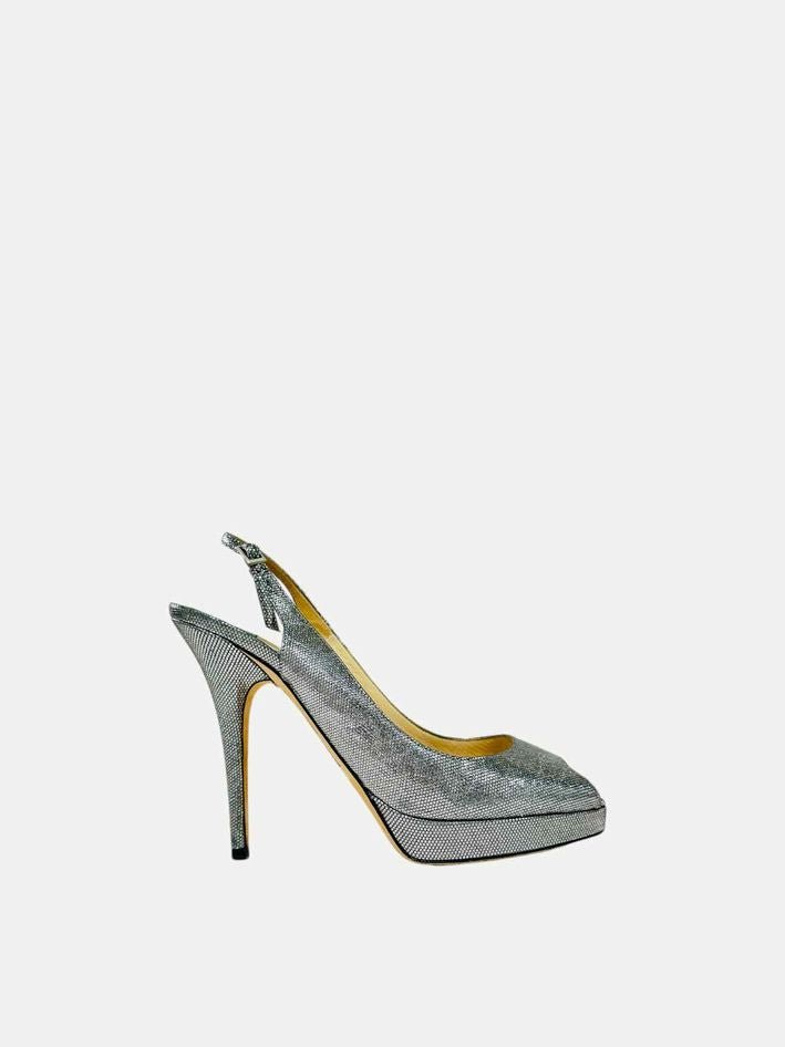 Pre - loved JIMMY CHOO Coarse Glitter Silver Slingbacks at Reems Closet