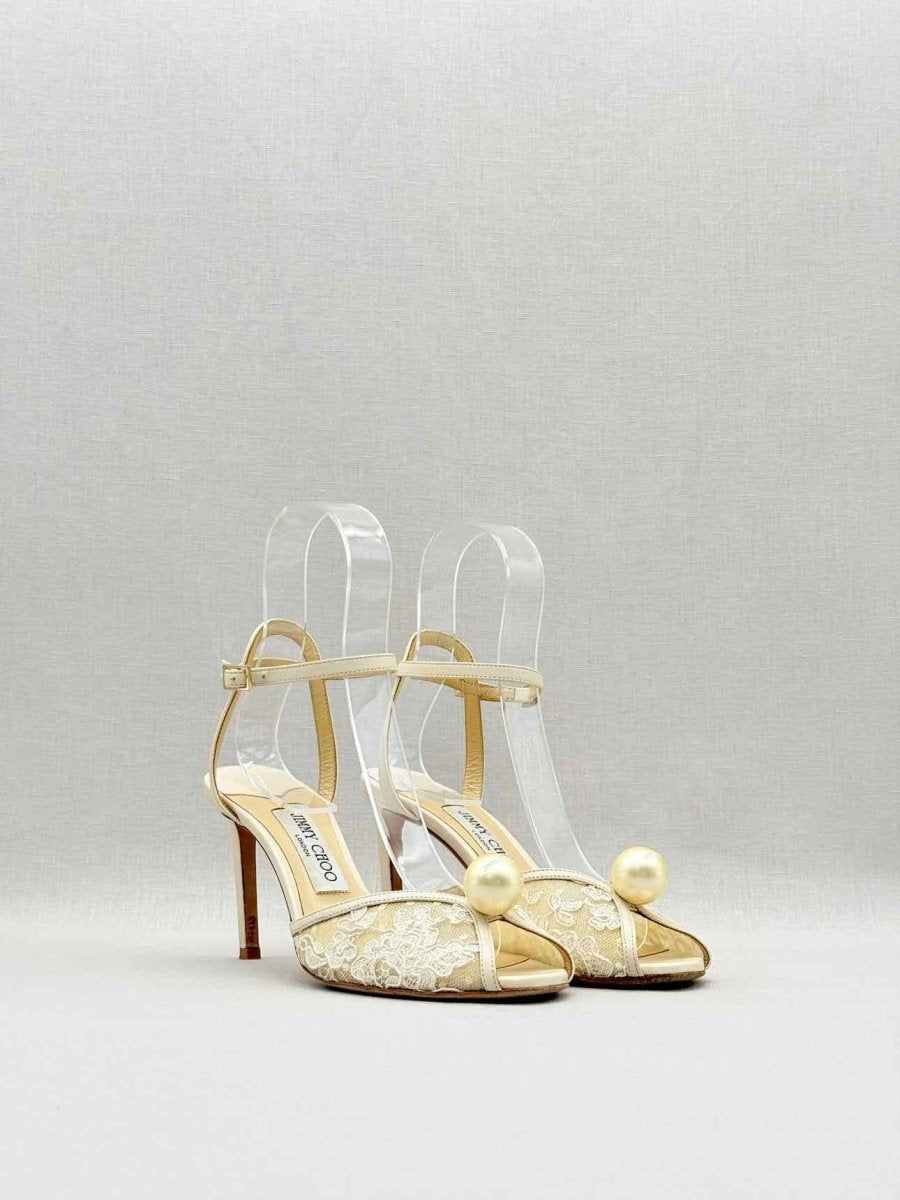 Pre - loved JIMMY CHOO Cream & Beige Size EU 37.5 Heeled Sandals at Reems Closet