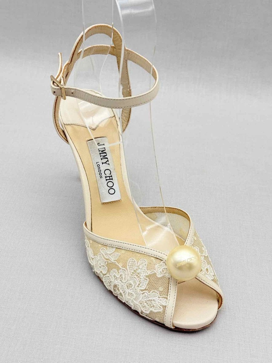 Pre - loved JIMMY CHOO Cream & Beige Size EU 37.5 Heeled Sandals at Reems Closet