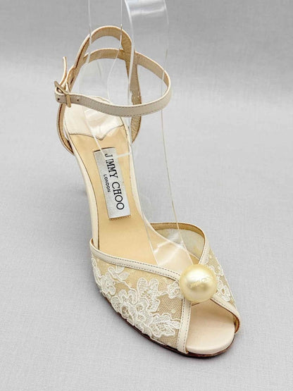 Pre - loved JIMMY CHOO Cream & Beige Size EU 37.5 Heeled Sandals at Reems Closet