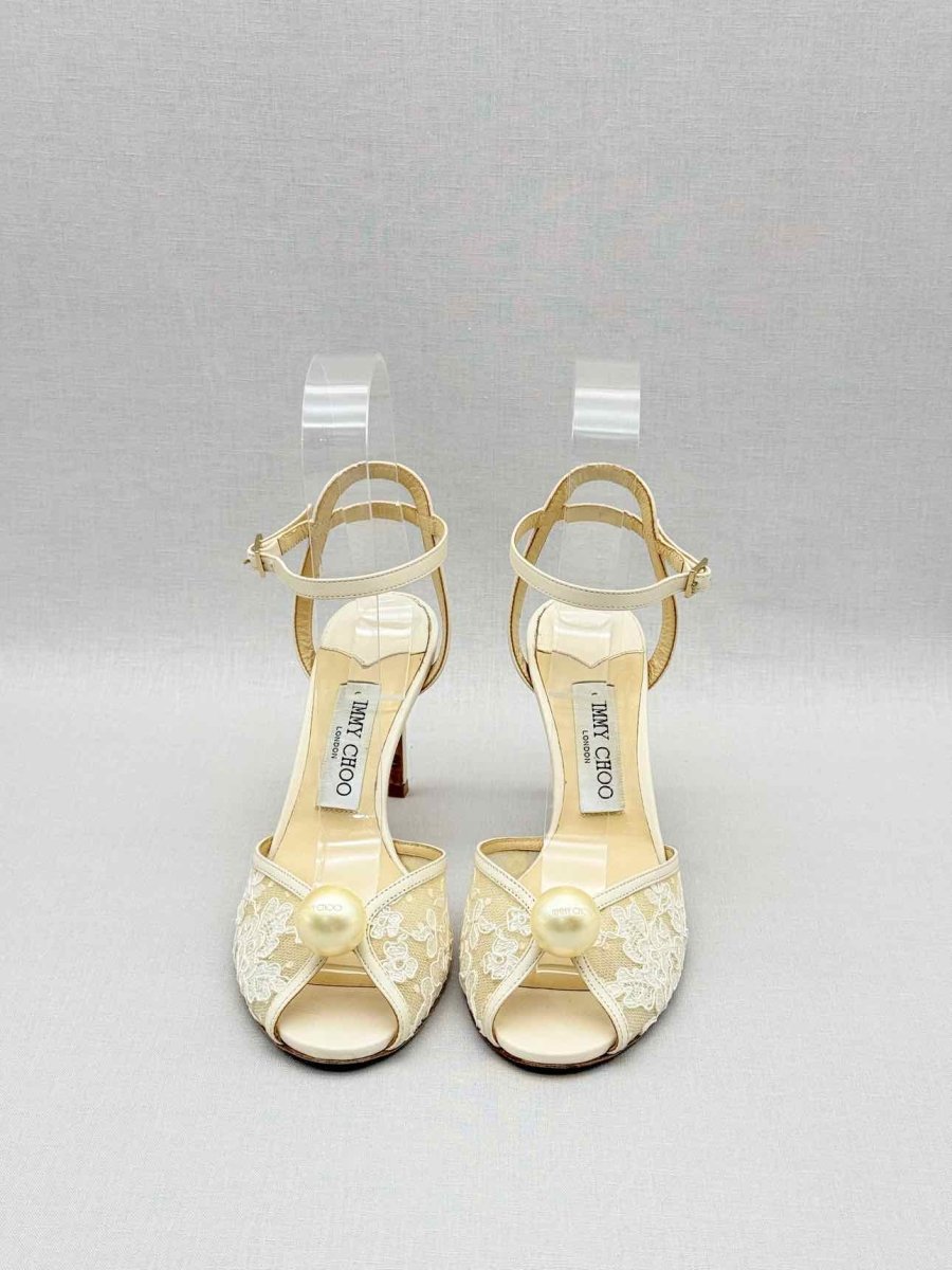 Pre - loved JIMMY CHOO Cream & Beige Size EU 37.5 Heeled Sandals at Reems Closet