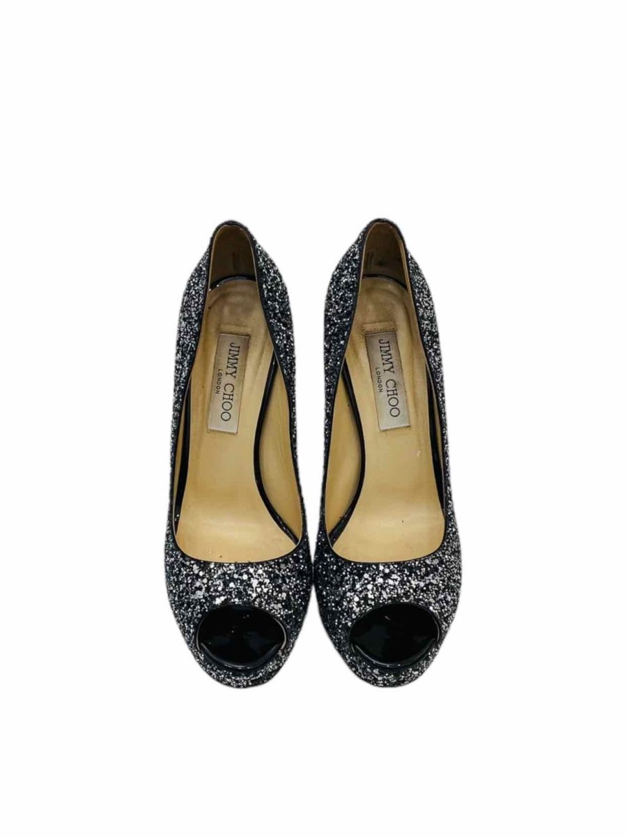 Pre - loved JIMMY CHOO Crown Peep Toe Black Pumps 38 at Reems Closet