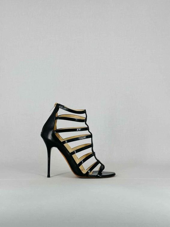 Pre - loved JIMMY CHOO Gladiator Black Heeled Sandals 39 at Reems Closet