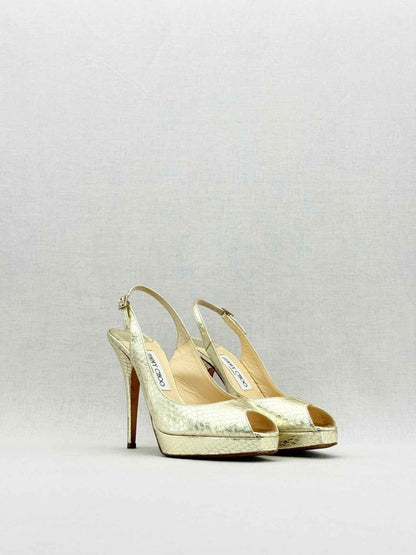 Pre - loved JIMMY CHOO Gold Python Size EU 38 Slingbacks at Reems Closet