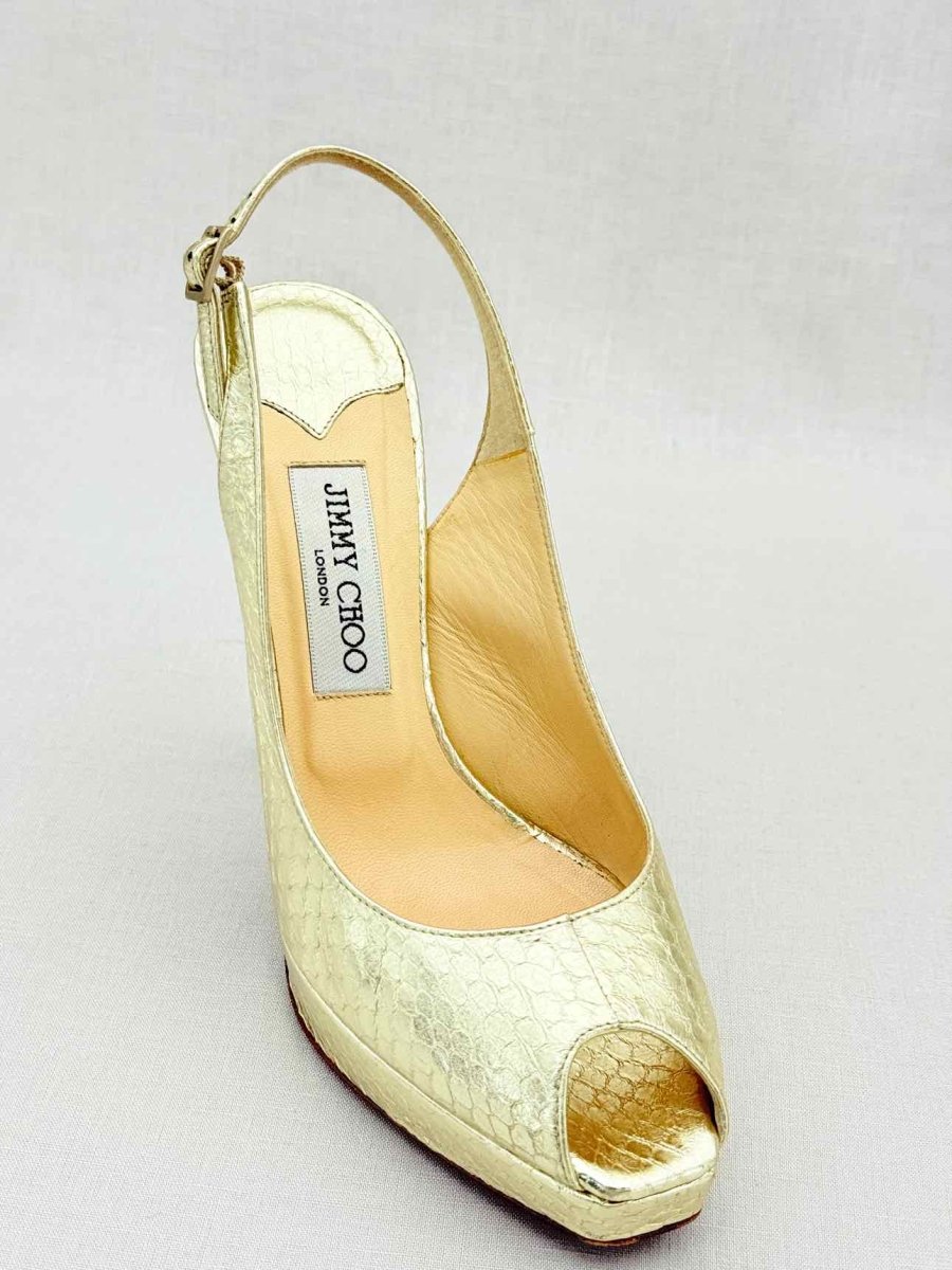 Pre - loved JIMMY CHOO Gold Python Size EU 38 Slingbacks at Reems Closet