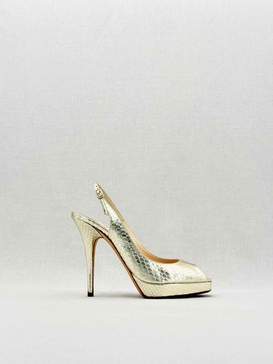 Pre - loved JIMMY CHOO Gold Python Size EU 38 Slingbacks at Reems Closet