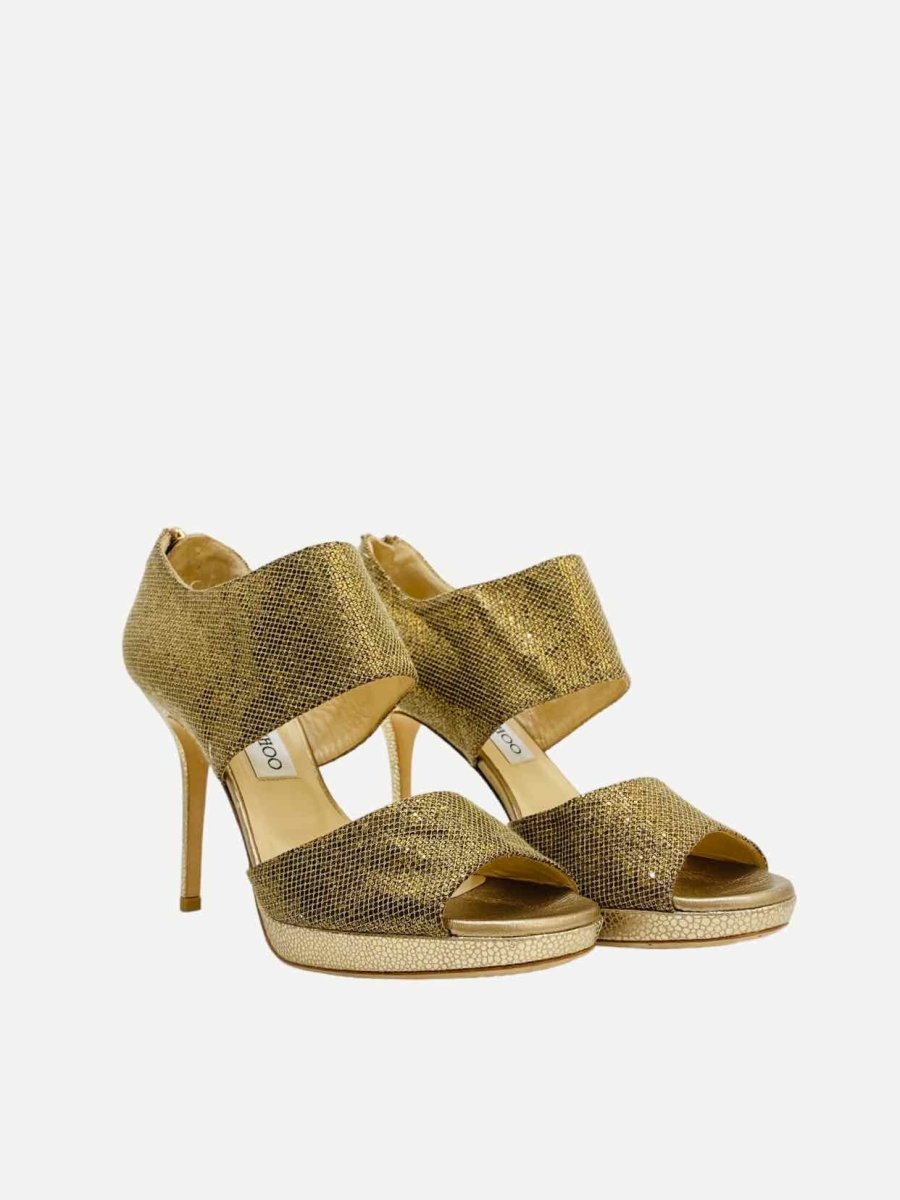 Pre-loved JIMMY CHOO Lagoon Gold Heeled Sandals from Reems Closet