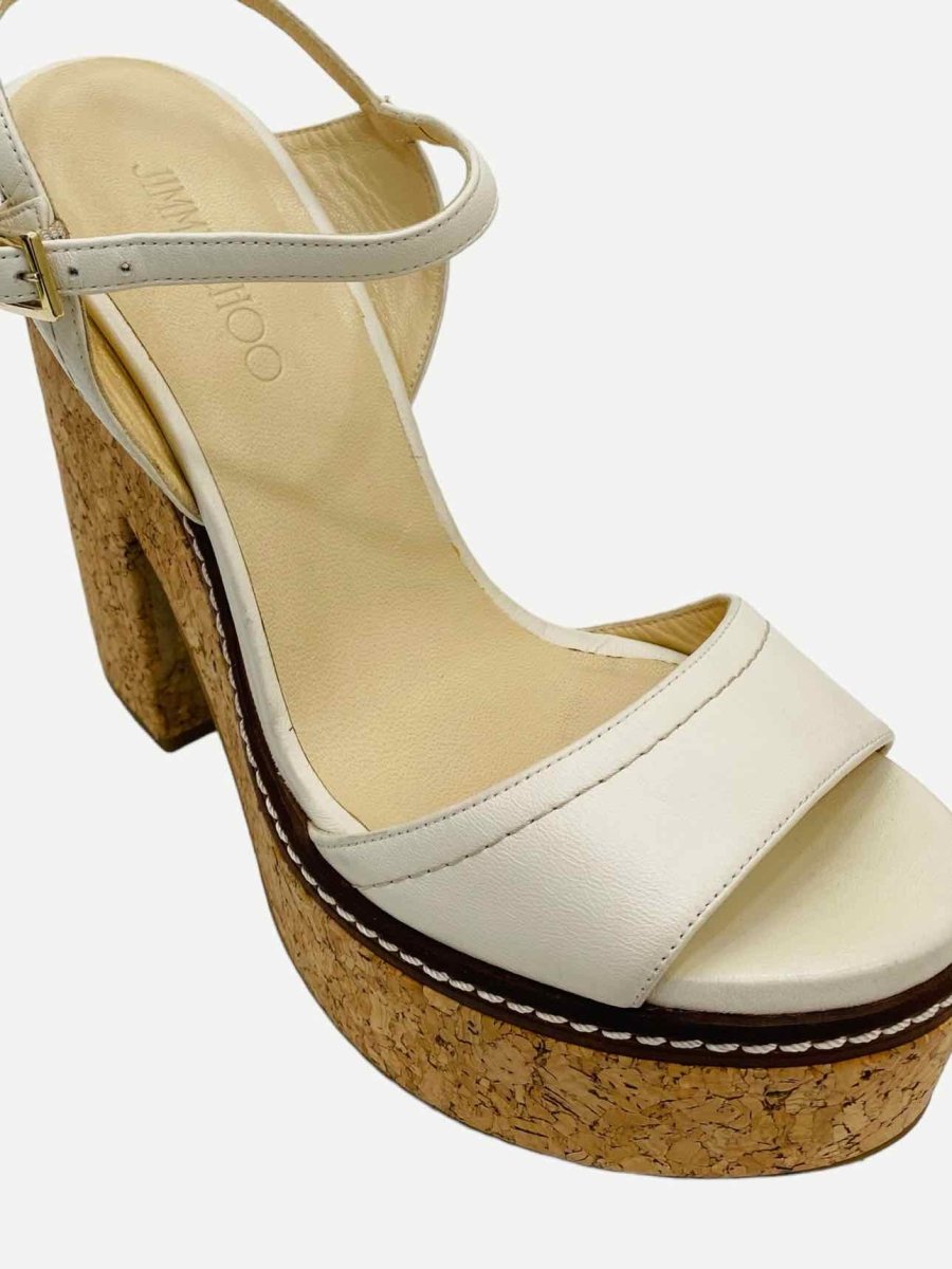Pre-loved JIMMY CHOO Nemesis White Cork Heeled Sandals from Reems Closet