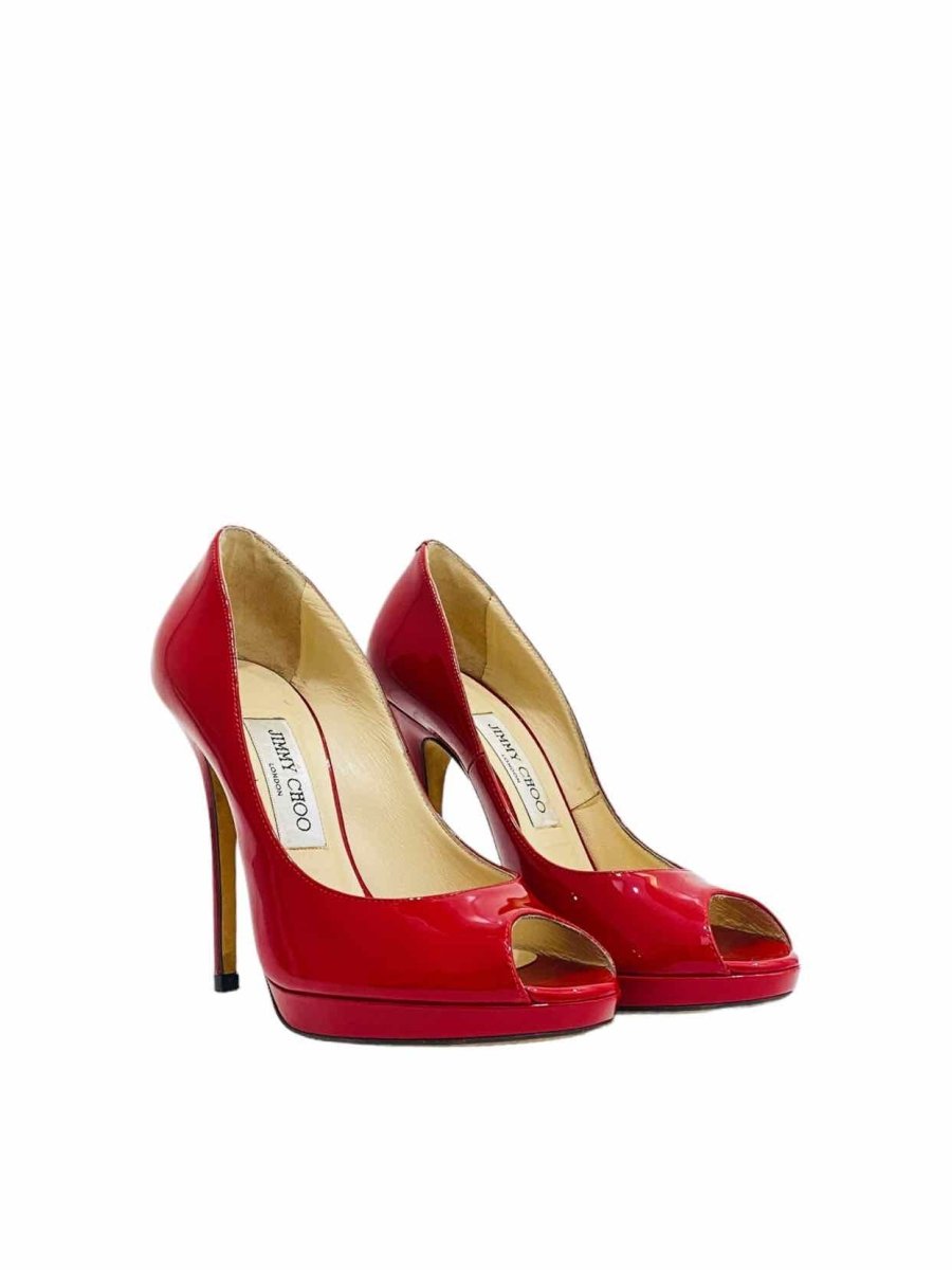 Pre - loved JIMMY CHOO Peep Toe Red Pumps at Reems Closet