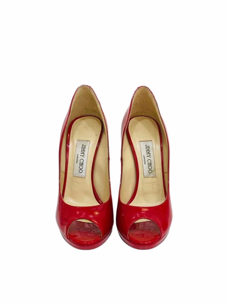 Pre - loved JIMMY CHOO Peep Toe Red Pumps at Reems Closet