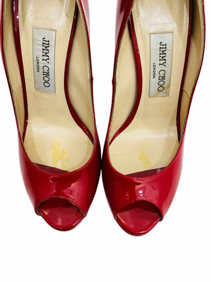 Pre - loved JIMMY CHOO Peep Toe Red Pumps at Reems Closet