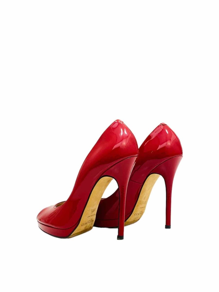 Pre - loved JIMMY CHOO Peep Toe Red Pumps at Reems Closet