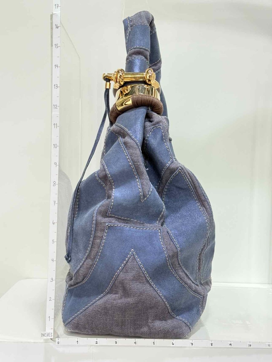 Pre - loved JIMMY CHOO Saba Blue Patchwork Hobo bag at Reems Closet