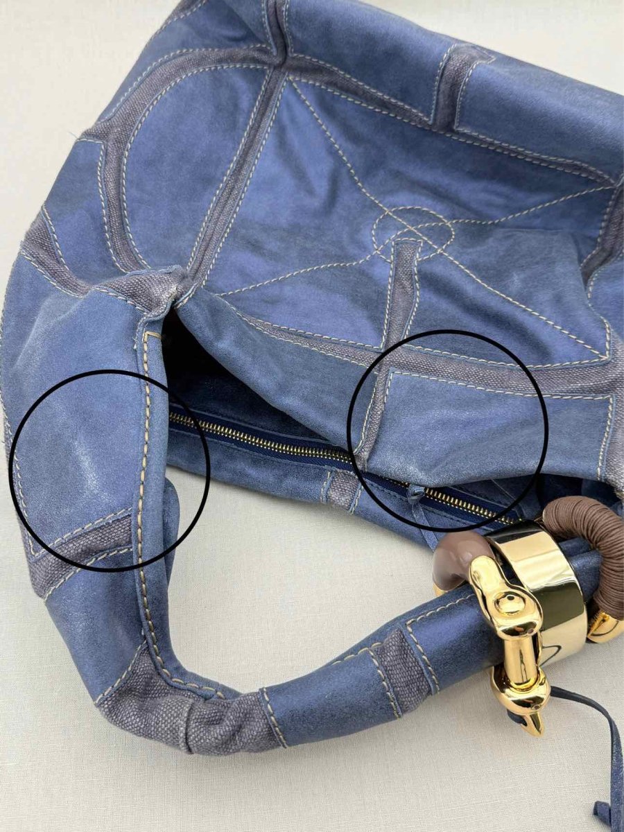 Pre - loved JIMMY CHOO Saba Blue Patchwork Hobo bag at Reems Closet